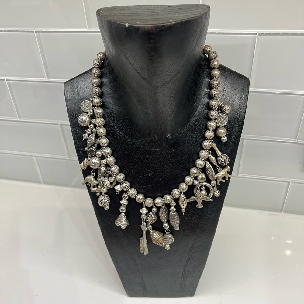 Vintage 1980’s-90’s Pewter Charm Bib Necklace Fringed Tubular Bib Pendant 19”